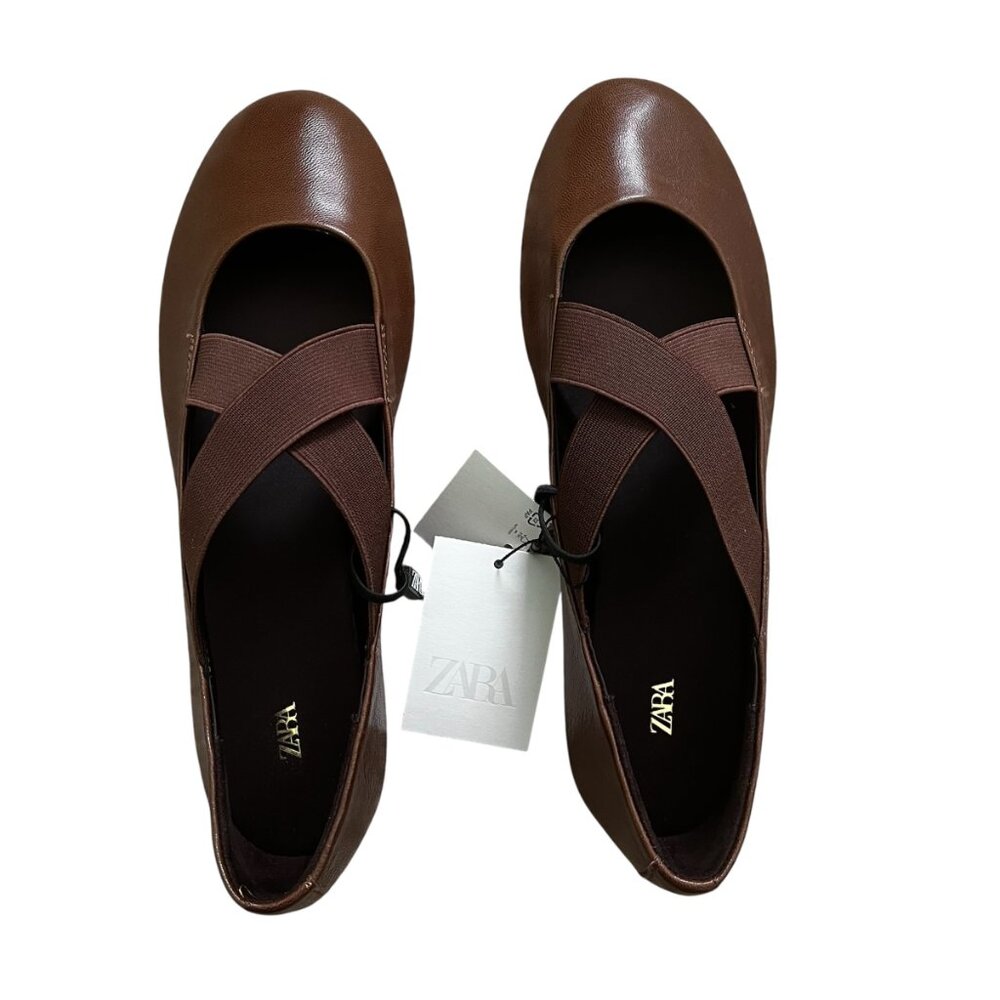 ZARA Leather Ballet Flats with Crossed Elastic Straps – Chocolate Brown Size 7.5